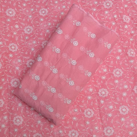 Pink Color Cotton Kota Doria Thread Embroidered Fabric Set