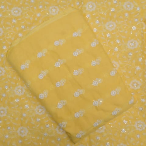 Yellow Cotton Kota Doria Thread Embroidered Fabric Set