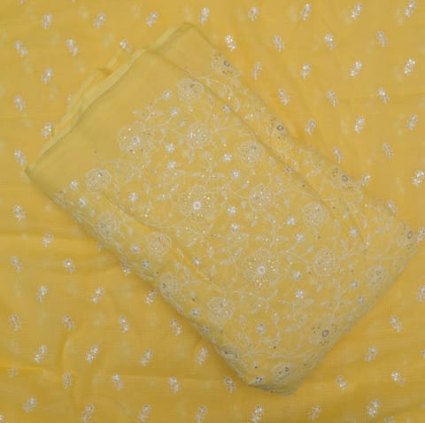 Yellow Cotton Kota Doria Thread Embroidered Fabric Set