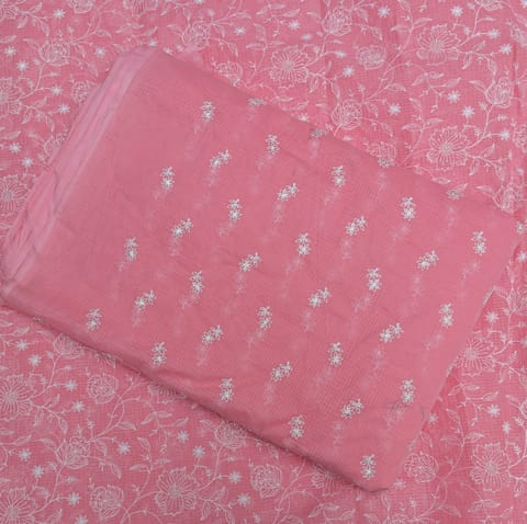 Pink Cotton Kota Doria Thread Embroidered Fabric Set