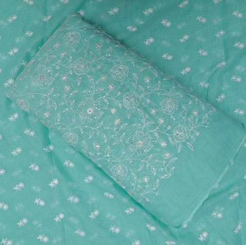 Sea Green Cotton Kota Doria Thread Embroidered Fabric Set