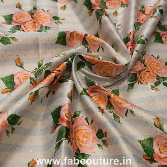 Poly Silk Stripes Roses Print