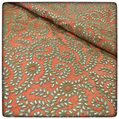 Peach Poly Dupion Embroidered Fabric