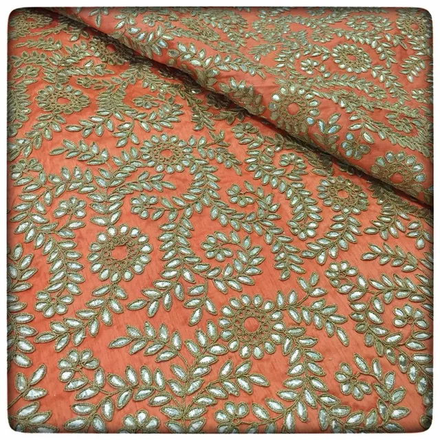 Peach Poly Dupion Embroidered Fabric