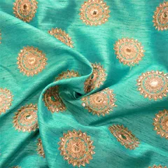 Sea Green Poly Dupion Embroidered Fabric