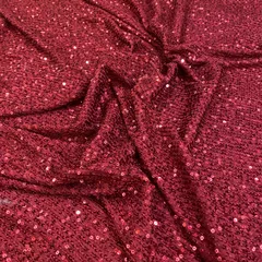 Red Sequins Lycra net Embroidered Fabric