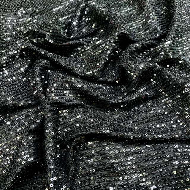 Black Sequins Net Lycra Embroidered Fabric