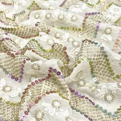 White Georgette Thread & Sequins Embroidered Fabric