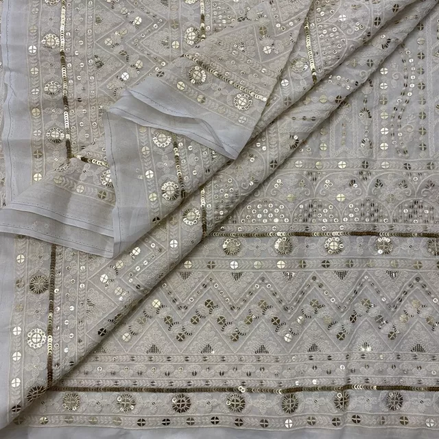 White Georgette Lakhnavi Embroidered Fabric