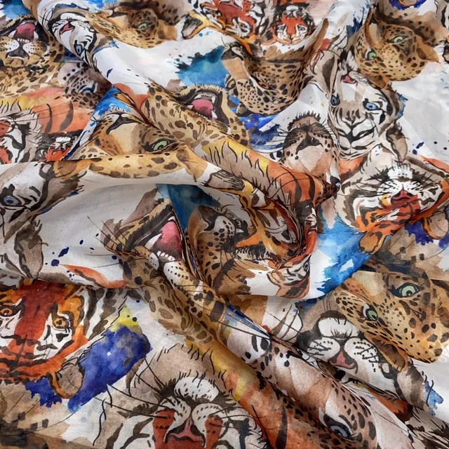 Multi Tiger Tabby Silk Digital Print Fabric