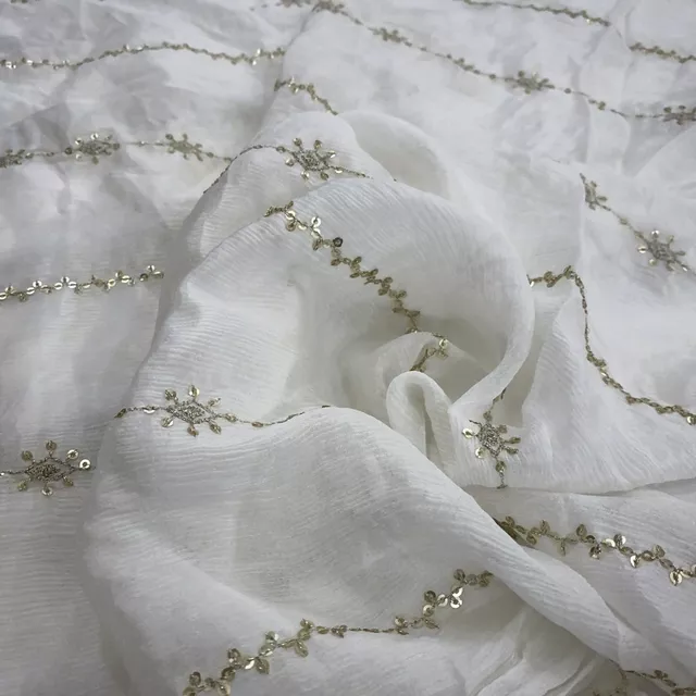 White Chinon Chiffon Embroidery with Sequins Stripes Fabric