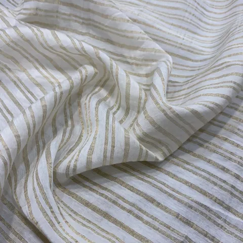 White Muslin With Golden Zari Stripes Fabric(0.7 mtr cut piece)