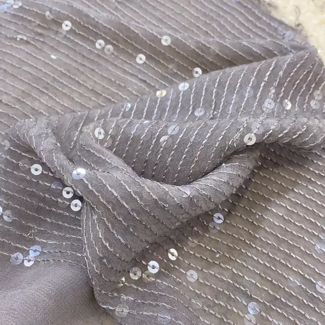 Taupe Grey Georgette Sequins Embroidery Fabric