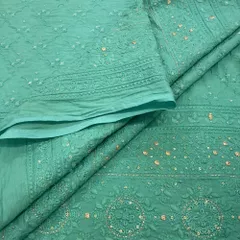 Sea Green Cotton With Golden Sequins Chikan Fabric
