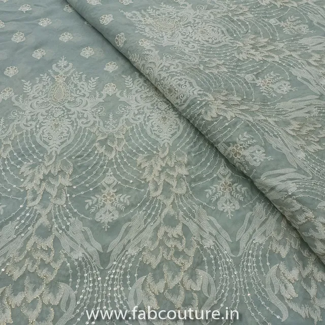 Sage Green Georgette Embroidered Fabric
