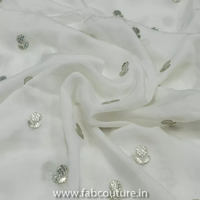 White Chinon Chiffon Badla Embroidered Fabric