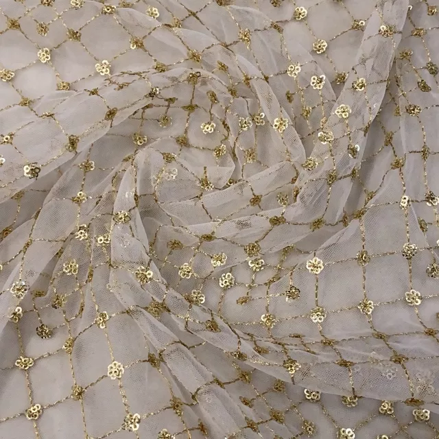 Golden Sequins Net Embroidered Fabric