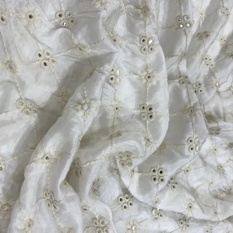 White Muslin Faux Mirror Embroidery (0.8 meter cut piece)