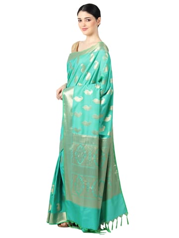 Silk fab Women's Banarasi Saree Silk Floral Green Ethnic Paisley (WIth Blouse 100cm) SFS1004 Cross Shade Parrot Seagreen