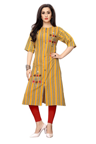 Casual Women Mustard Multi stripes  Straight  kurta