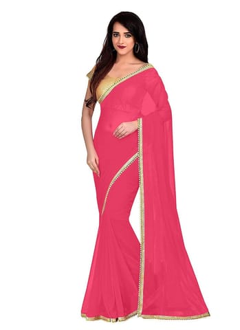 Liveon Women's Lace Border Work With Chiffon Saree with Blouse (Peach Orange,5-6 Mtrs)-PID29938
