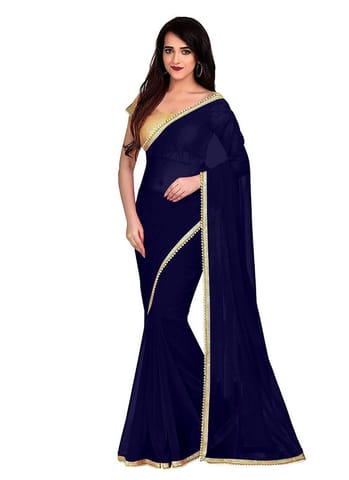 Liveon Women's Lace Border Work With Chiffon Saree with Blouse (Navy Blue,5-6 Mtrs)-PID29940