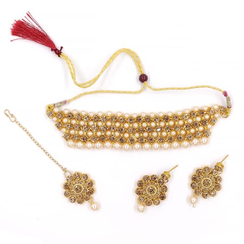 ZaffreCollecitons Trendy Gold Crystal and Pearl Choker Combo with Maang Tikka for Women and Girls