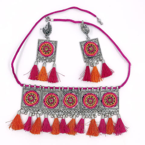 ZaffreCollections Trendy Oxidized Silver Choker Set with Pink and Orange Tassels for Women and Girls