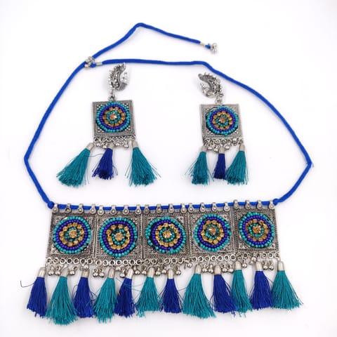 ZaffreCollections Trendy Oxidized Silver choker Set with Blue Tassels for Women and Girls