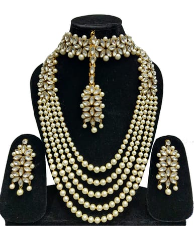 ZaffreCollections Trending White Crystal and Pearl Necklace Choker Combo set with Maang Tikka for Women and Girls