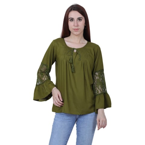 FMC Bell Sleeve Lace and Rayon Mehandi Green Top (Mehandi Green, L)