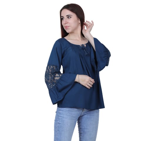 FMC Bell Sleeve Lace and Rayon Petrol Blue Top (Petrol Blue, M)
