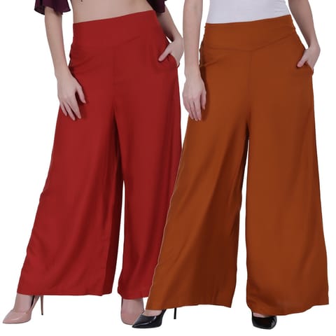 FMC Combo of Rayon Solid Palazzos With Left Pocket And Wide Flare(Red Mustard, M)
