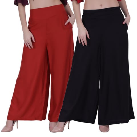 FMC Combo of Rayon Solid Palazzos With Left Pocket And Wide Flare(Red Black, M)