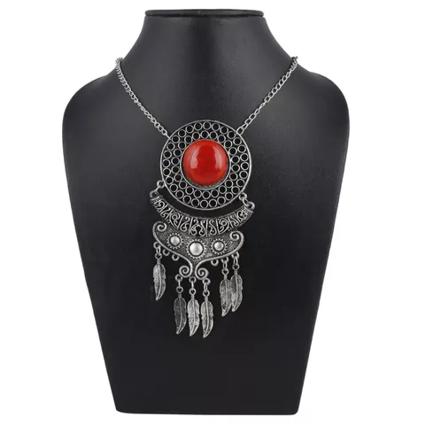 Aradhya Silver and red stone beads afgani necklace for women and girls