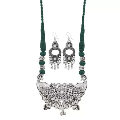 Aradhya Designer green thread german silver peacock necklace with mirror earrings for women and girls