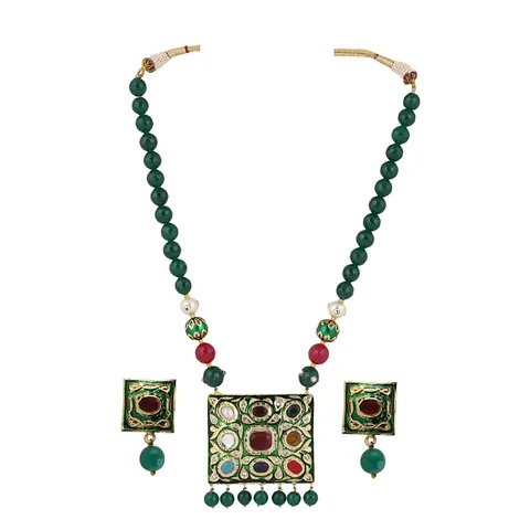 Aradhya Traditional designer green navratan and kundan necklace set with onyx beads for women and girls