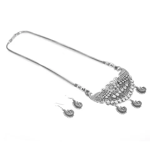 Aradhya Designer oxidized peacock design german silver tibetan necklace with earrings for women and girls