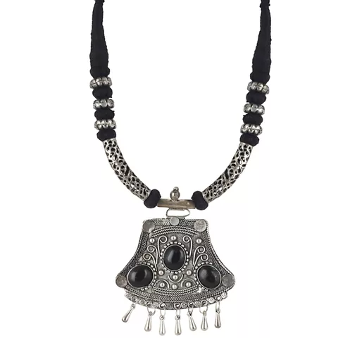 Aradhya High finished black thread and oxidized silver pendant designer necklace for girls and women