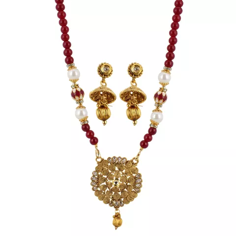 Aradhya Designer bollywood inspired maroon beads with Golden designer pandent set with earrings for women and girls ...