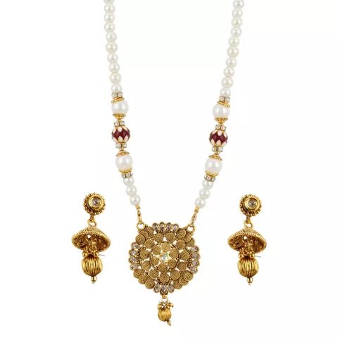 Aradhya Designer bollywood inspired White beads with Golden designer pandent Necklace set with earrings for women and girls ...
