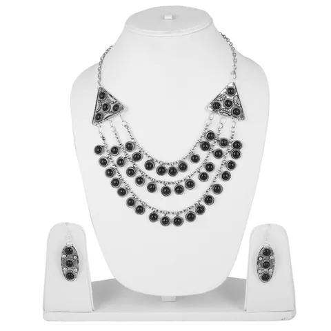 Aradhya High finished Multi-strand silver and black natural onyx stone designer necklace with earrings for women and girls