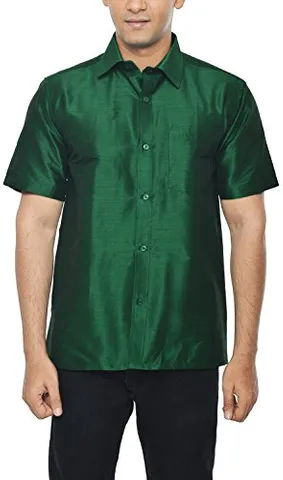 KENRICH Men's Silk Casual Shirt (kpd_btlgrnhalf, Emerald green, 38)
