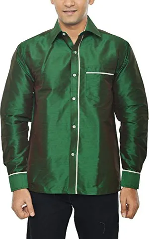 KENRICH Men's Silk Casual Shirt (ppng_btlgrnwhtfull, Emerald green, 40)