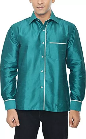 KENRICH Men's Silk Casual Shirt (ppng_rmagrnwhtfull, Turquoise, 38)
