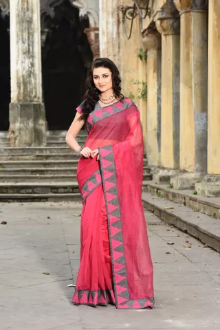 RDH red color supernet saree patterned edged with printed patch on border