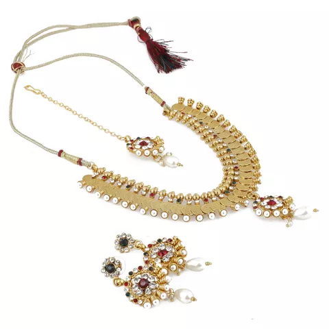 Aradhya Traditional red and green gold plated temple coin necklace choker necklace with earrings for women