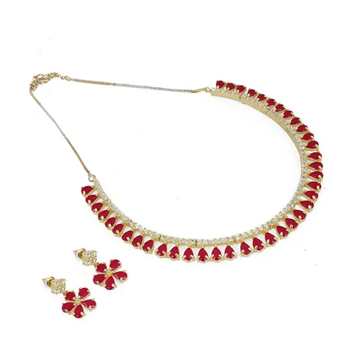 Aradhya Designer sleek party wear ruby stone american diamond necklace set with earrings for women and girls