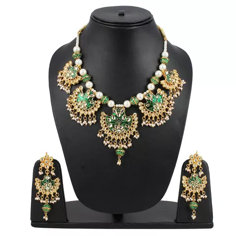 Aradhya Designer high quality green stone kundan necklace with earrings for women and girls