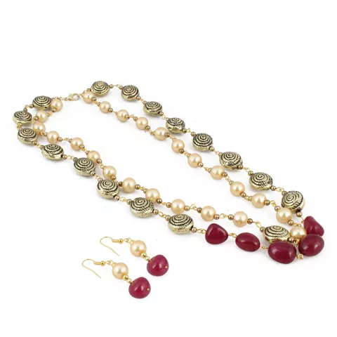 Aradhya Maroon onyx two layer oxidized golden beads necklace with earrings for women